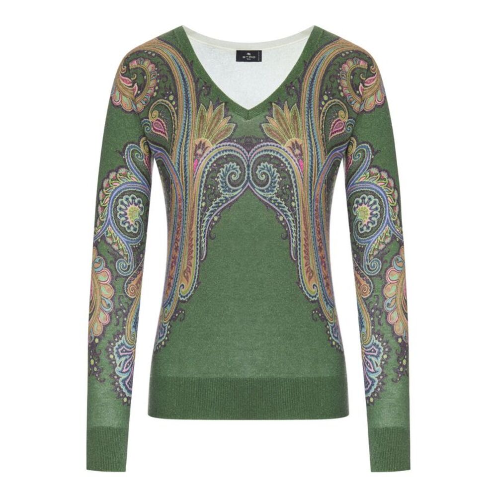 Etro Women Silk And Cashmere V-Neck Sweater With Placed Paisley Print
